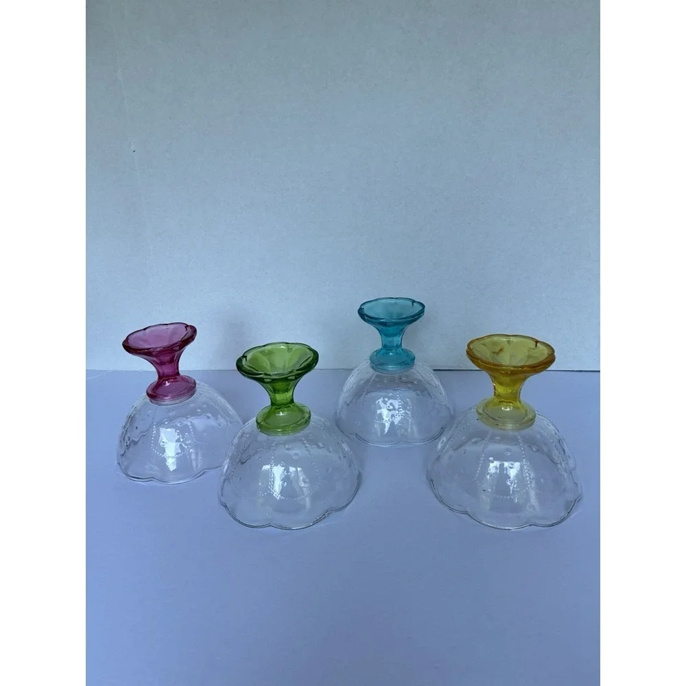 Vintage Indiana Glass Crown Kings Crown Footed Dessert Bowls Set 4 Colored Stems
